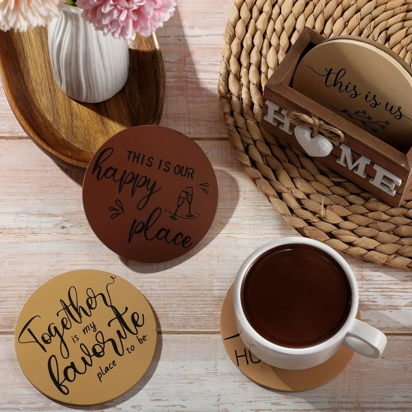 Wood Coasters - Brown Wooden Holder Set